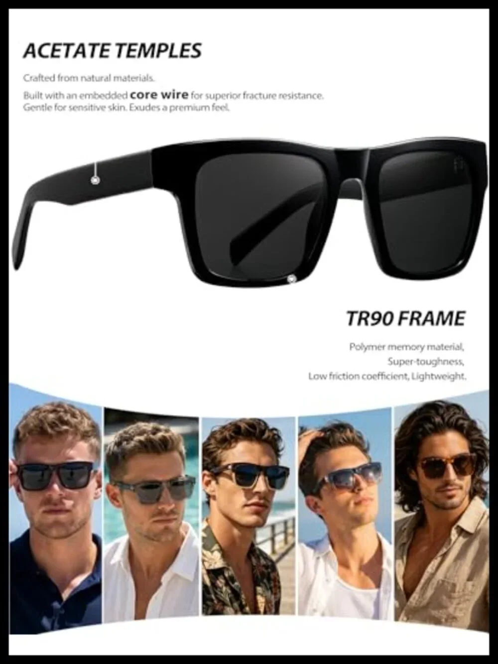 Oversized Acetate Square Sunglasses Polarized UV Protection TR90